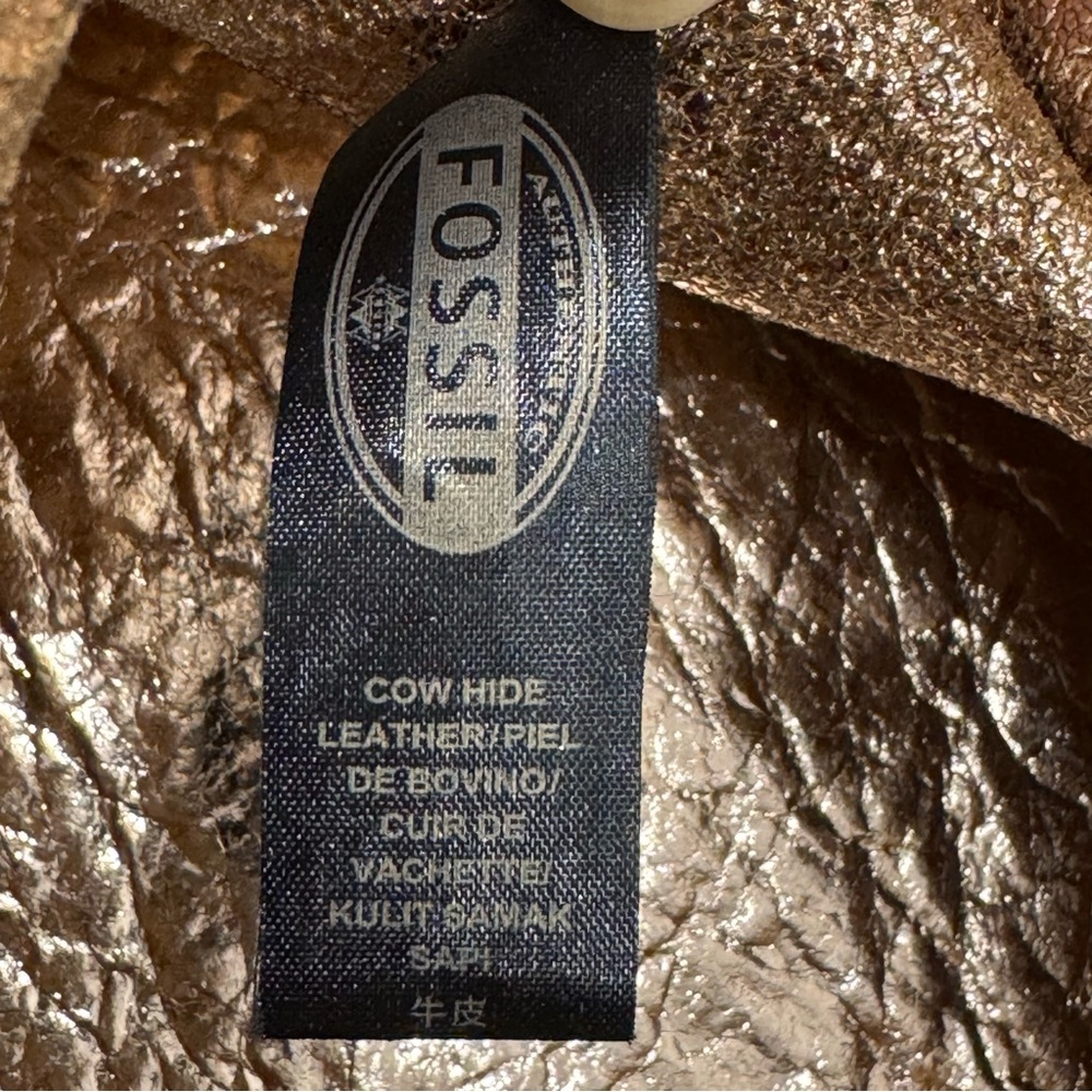 Fossil Reversible Slouchy Brown Tan Leather Metallic Rose Gold Handbag Tote Bag - Picture 9 of 16